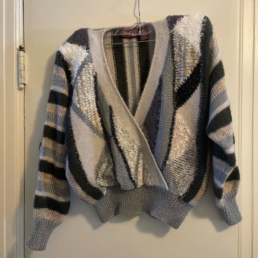 Vintage 80’s Ginenne Mixed Fabric Patchwork Pink Grey Sweater Size Large